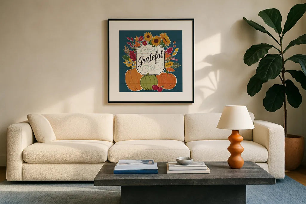 Thankful II Blue by Janelle Penner. Displayed in a glass frame with matte in a clean modern living room. Available as an archival giclee rolled canvas, fine art paper, or poster print. SKU 43099a.