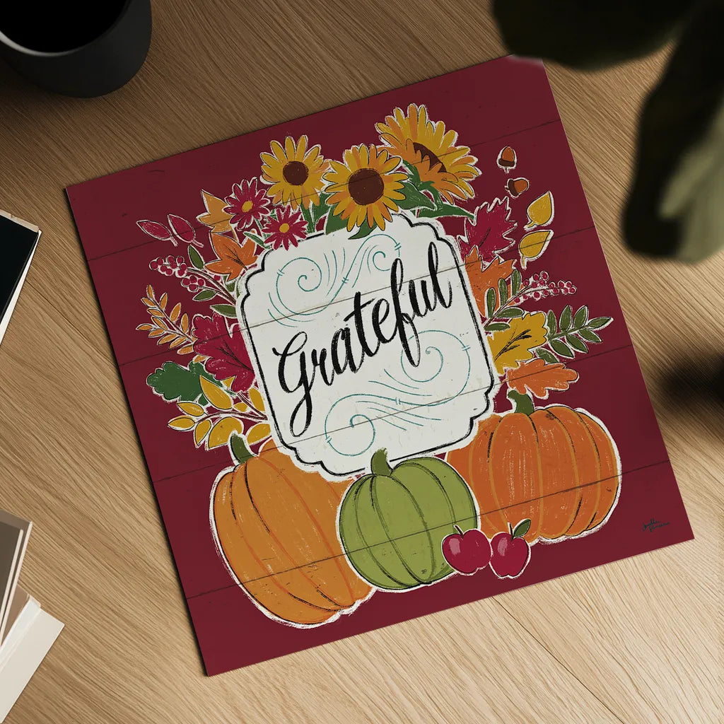 Thankful II Red by Janelle Penner. Shown as a detailed flat fine art print, highlighting archival giclee quality. Available as an archival giclee rolled canvas, fine art paper, or poster print. SKU 45432a.