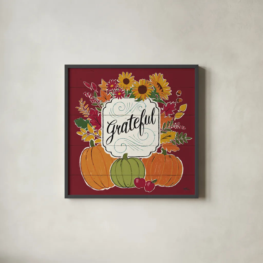 Thankful II Red by Janelle Penner. Shown in a sleek black glass frame for a contemporary gallery look. Available as an archival giclee rolled canvas, fine art paper, or poster print. SKU 45432a.