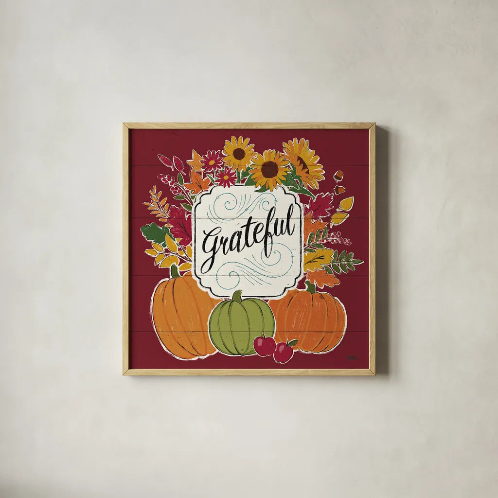 Thankful II Red by Janelle Penner. Shown in a natural wood glass frame for a timeless modern aesthetic. Available as an archival giclee rolled canvas, fine art paper, or poster print. SKU 45432a.