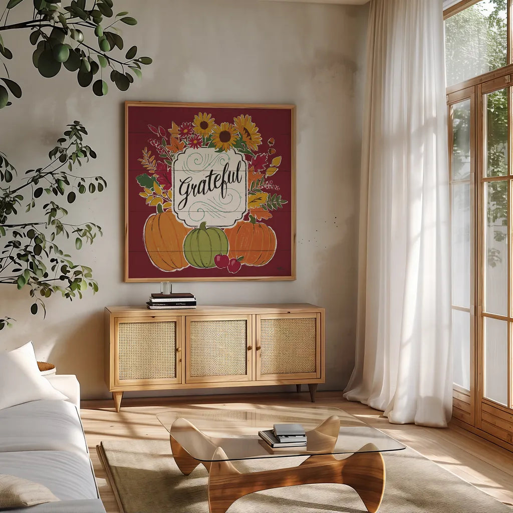 Thankful II Red by Janelle Penner. Shown in a natural wood frame in a cozy modern living room. Available as an archival giclee rolled canvas, fine art paper, or poster print. SKU 45432a.