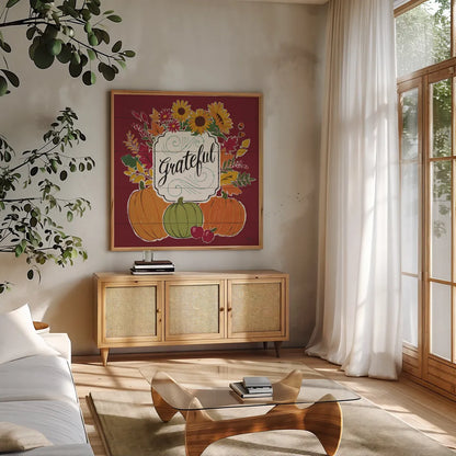 Thankful II Red by Janelle Penner. Shown in a natural wood frame in a cozy modern living room. Available as an archival giclee rolled canvas, fine art paper, or poster print. SKU 45432a.