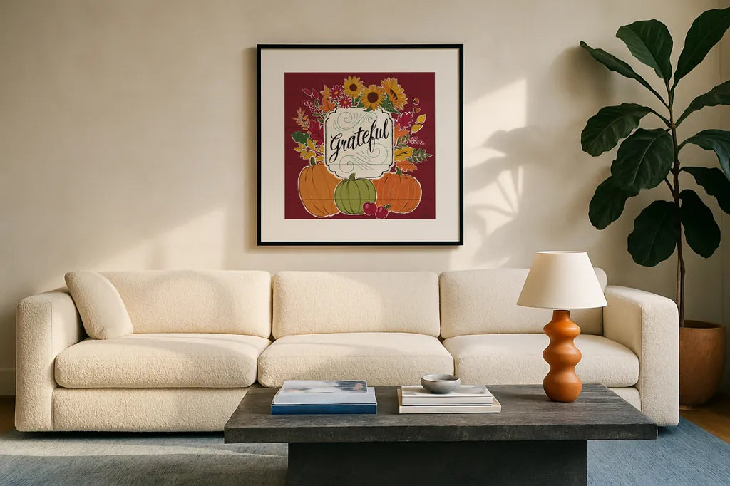 Thankful II Red by Janelle Penner. Displayed in a glass frame with matte in a clean modern living room. Available as an archival giclee rolled canvas, fine art paper, or poster print. SKU 45432a.