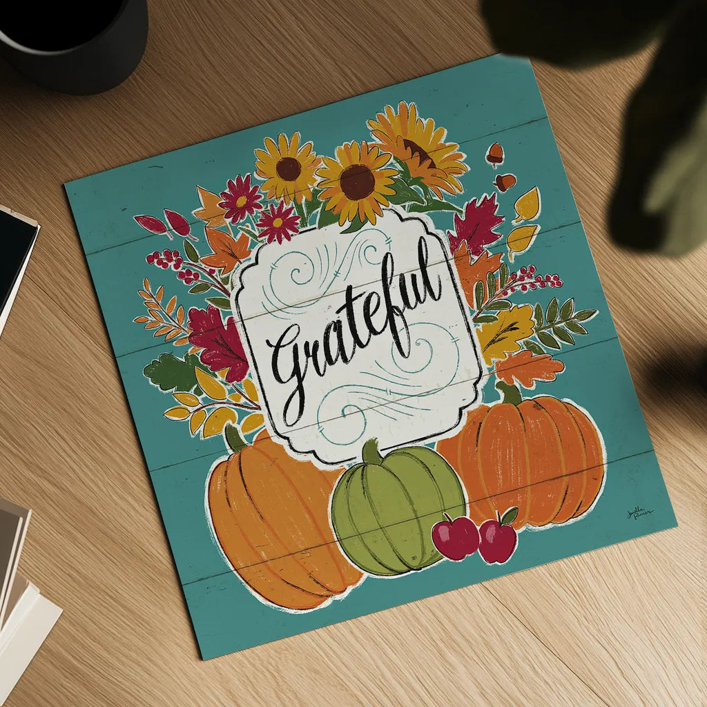 Thankful II Turquoise by Janelle Penner. Shown as a detailed flat fine art print, highlighting archival giclee quality. Available as an archival giclee rolled canvas, fine art paper, or poster print. SKU 43104a.