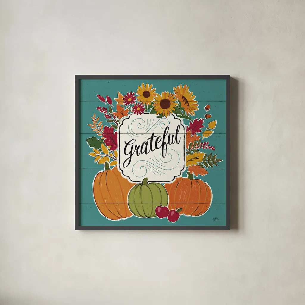 Thankful II Turquoise by Janelle Penner. Shown in a sleek black glass frame for a contemporary gallery look. Available as an archival giclee rolled canvas, fine art paper, or poster print. SKU 43104a.