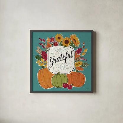 Thankful II Turquoise by Janelle Penner. Shown in a sleek black glass frame for a contemporary gallery look. Available as an archival giclee rolled canvas, fine art paper, or poster print. SKU 43104a.