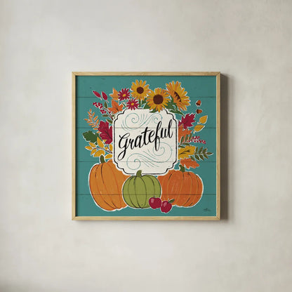 Thankful II Turquoise by Janelle Penner. Shown in a natural wood glass frame for a timeless modern aesthetic. Available as an archival giclee rolled canvas, fine art paper, or poster print. SKU 43104a.