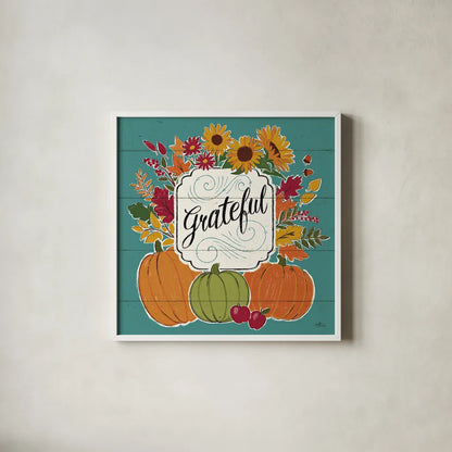 Thankful II Turquoise by Janelle Penner. Shown in a crisp white glass frame for a clean and minimalist style. Available as an archival giclee rolled canvas, fine art paper, or poster print. SKU 43104a.