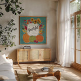 Thankful II Turquoise by Janelle Penner. Shown in a natural wood frame in a cozy modern living room. Available as an archival giclee rolled canvas, fine art paper, or poster print. SKU 43104a.