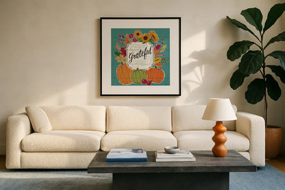 Thankful II Turquoise by Janelle Penner. Displayed in a glass frame with matte in a clean modern living room. Available as an archival giclee rolled canvas, fine art paper, or poster print. SKU 43104a.