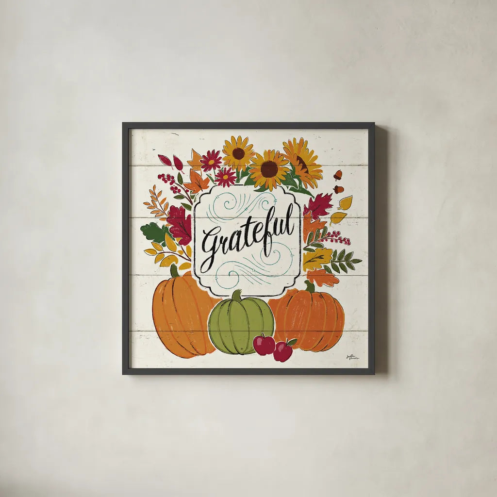 Thankful II White by Janelle Penner. Shown in a sleek black glass frame for a contemporary gallery look. Available as an archival giclee rolled canvas, fine art paper, or poster print. SKU 43109a.