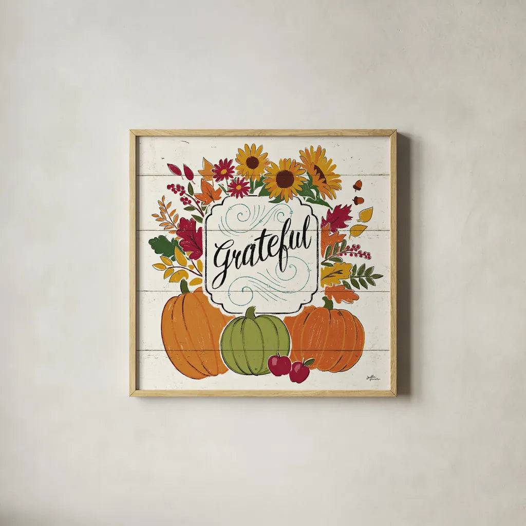 Thankful II White by Janelle Penner. Shown in a natural wood glass frame for a timeless modern aesthetic. Available as an archival giclee rolled canvas, fine art paper, or poster print. SKU 43109a.