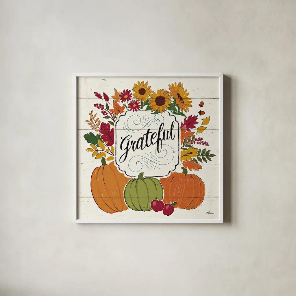 Thankful II White by Janelle Penner. Shown in a crisp white glass frame for a clean and minimalist style. Available as an archival giclee rolled canvas, fine art paper, or poster print. SKU 43109a.