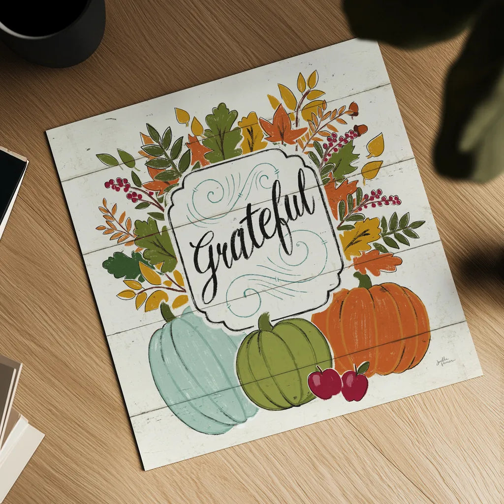 Thankful II White Leaves by Janelle Penner. Shown as a detailed flat fine art print, highlighting archival giclee quality. Available as an archival giclee rolled canvas, fine art paper, or poster print. SKU 47586a.