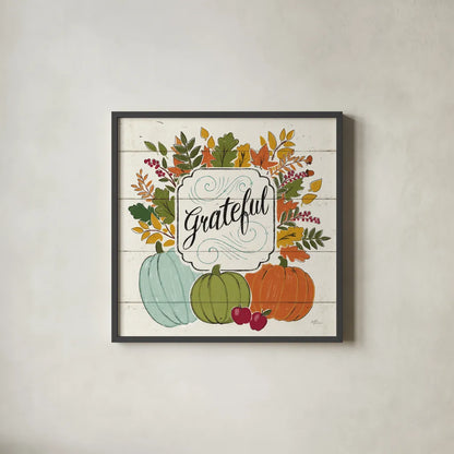 Thankful II White Leaves by Janelle Penner. Shown in a sleek black glass frame for a contemporary gallery look. Available as an archival giclee rolled canvas, fine art paper, or poster print. SKU 47586a.