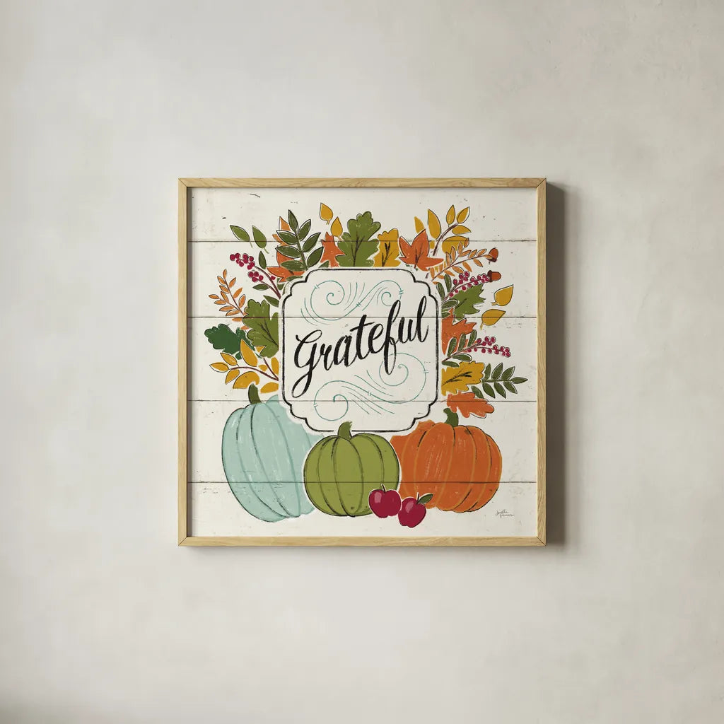 Thankful II White Leaves by Janelle Penner. Shown in a natural wood glass frame for a timeless modern aesthetic. Available as an archival giclee rolled canvas, fine art paper, or poster print. SKU 47586a.