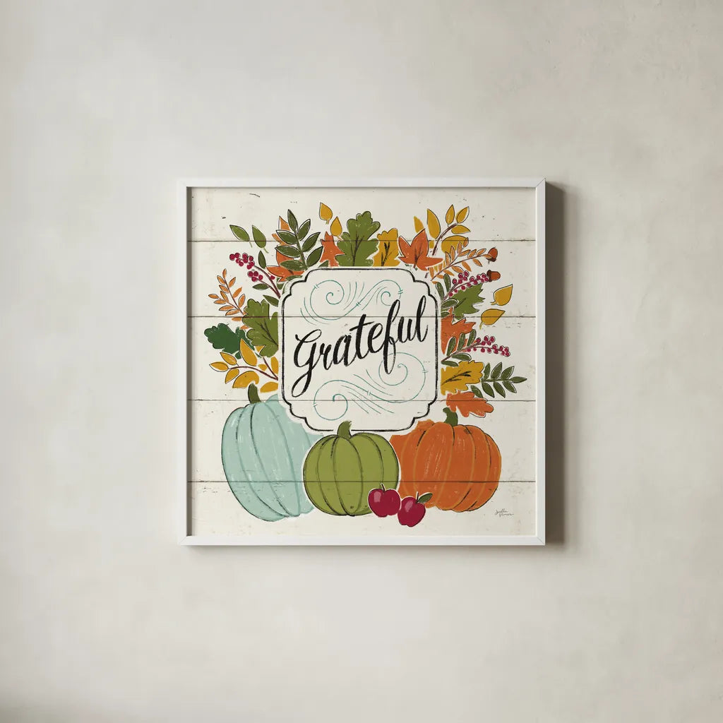 Thankful II White Leaves by Janelle Penner. Shown in a crisp white glass frame for a clean and minimalist style. Available as an archival giclee rolled canvas, fine art paper, or poster print. SKU 47586a.