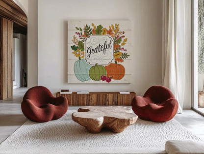 Thankful II White Leaves by Janelle Penner. Shown as extra-large giant wall art in a modern living room. Available as an archival giclee rolled canvas, fine art paper, or poster print. SKU 47586a.