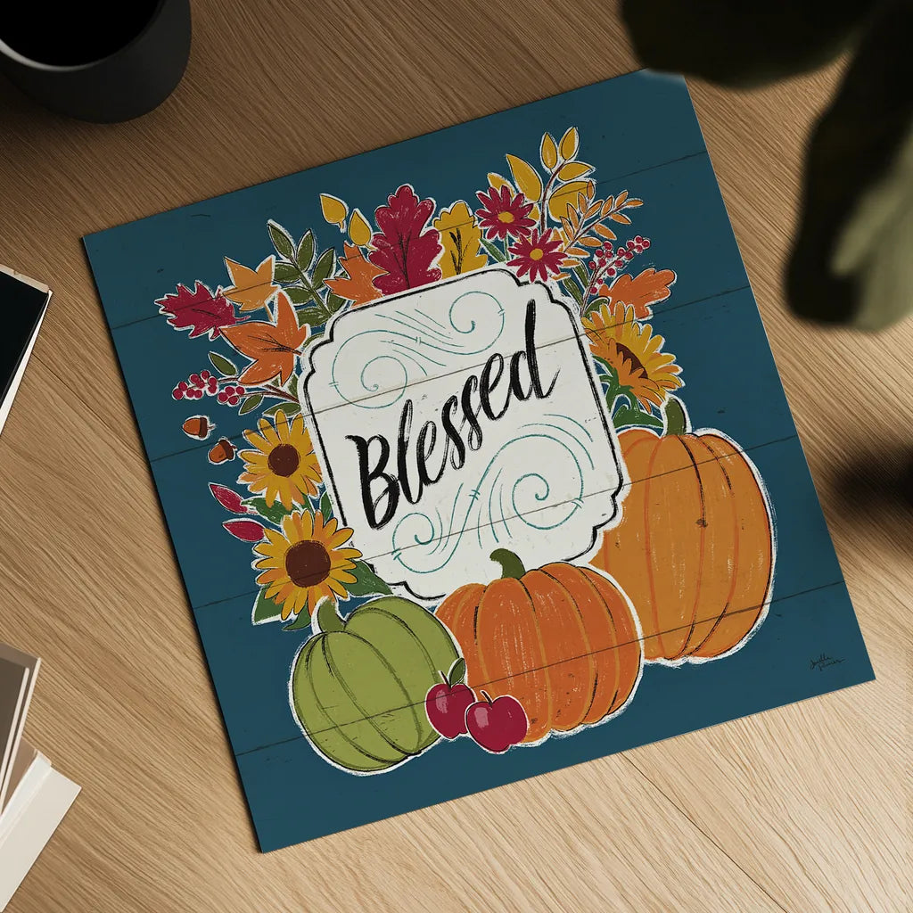 Thankful III Blue by Janelle Penner. Shown as a detailed flat fine art print, highlighting archival giclee quality. Available as an archival giclee rolled canvas, fine art paper, or poster print. SKU 43100a.