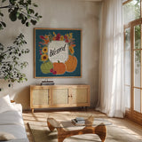 Thankful III Blue by Janelle Penner. Shown in a natural wood frame in a cozy modern living room. Available as an archival giclee rolled canvas, fine art paper, or poster print. SKU 43100a.