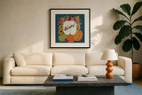 Thankful III Blue by Janelle Penner. Displayed in a glass frame with matte in a clean modern living room. Available as an archival giclee rolled canvas, fine art paper, or poster print. SKU 43100a.