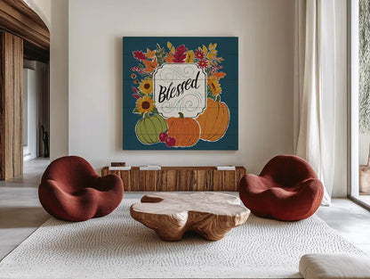 Thankful III Blue by Janelle Penner. Shown as extra-large giant wall art in a modern living room. Available as an archival giclee rolled canvas, fine art paper, or poster print. SKU 43100a.