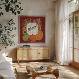 Thankful III Red by Janelle Penner. Shown in a natural wood frame in a cozy modern living room. Available as an archival giclee rolled canvas, fine art paper, or poster print. SKU 45433a.