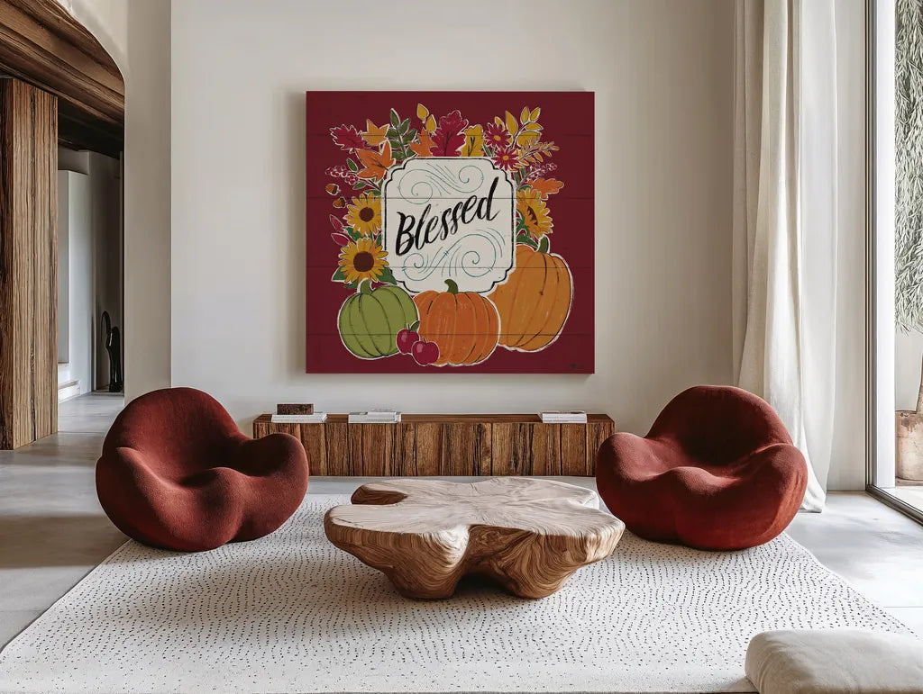 Thankful III Red by Janelle Penner. Shown as extra-large giant wall art in a modern living room. Available as an archival giclee rolled canvas, fine art paper, or poster print. SKU 45433a.