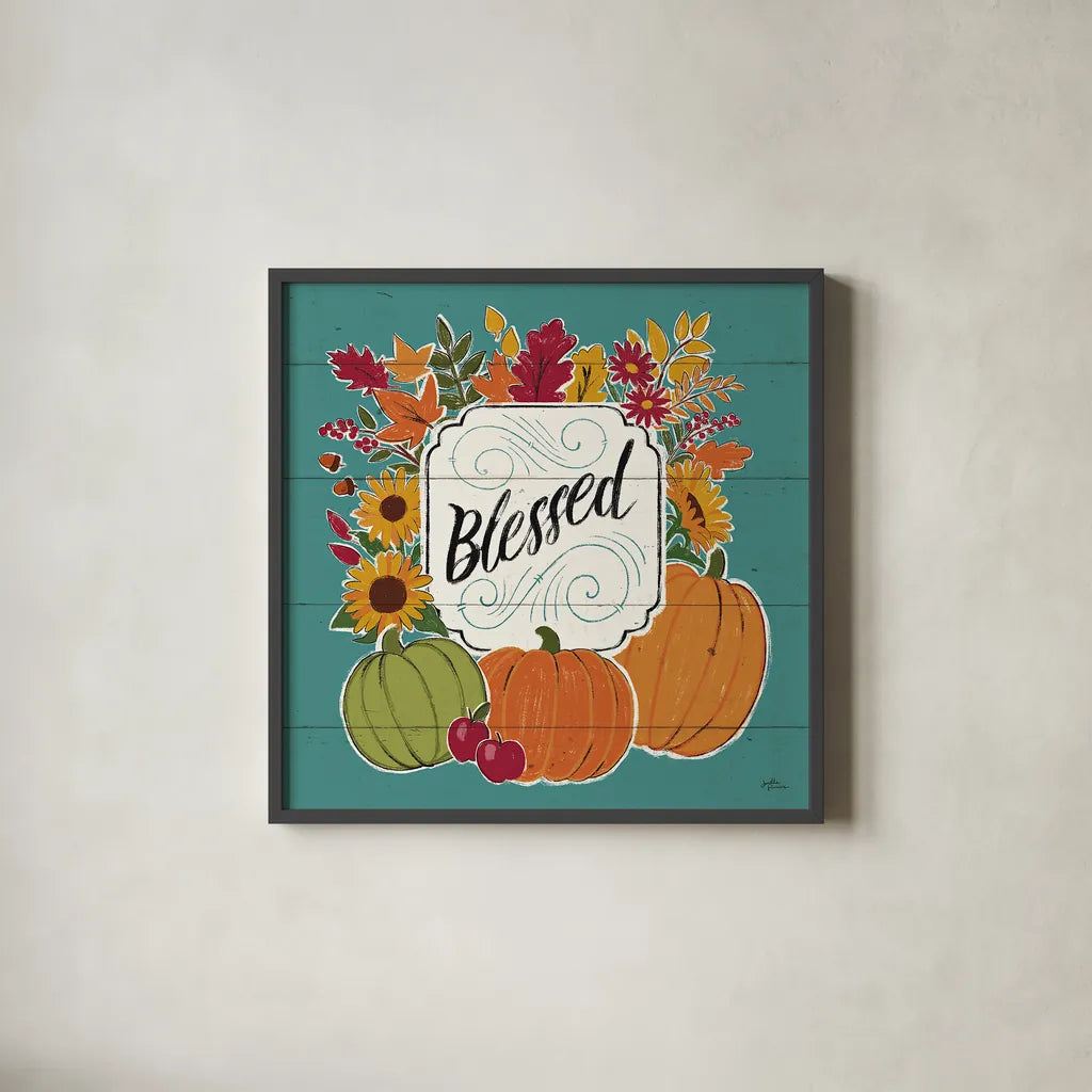 Thankful III Turquoise by Janelle Penner. Shown in a sleek black glass frame for a contemporary gallery look. Available as an archival giclee rolled canvas, fine art paper, or poster print. SKU 43105a.