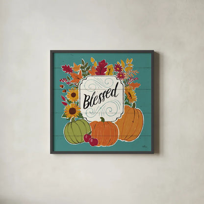 Thankful III Turquoise by Janelle Penner. Shown in a sleek black glass frame for a contemporary gallery look. Available as an archival giclee rolled canvas, fine art paper, or poster print. SKU 43105a.