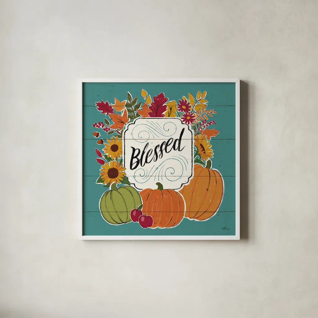 Thankful III Turquoise by Janelle Penner. Shown in a crisp white glass frame for a clean and minimalist style. Available as an archival giclee rolled canvas, fine art paper, or poster print. SKU 43105a.