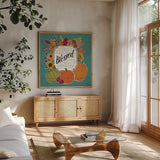 Thankful III Turquoise by Janelle Penner. Shown in a natural wood frame in a cozy modern living room. Available as an archival giclee rolled canvas, fine art paper, or poster print. SKU 43105a.