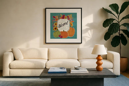 Thankful III Turquoise by Janelle Penner. Displayed in a glass frame with matte in a clean modern living room. Available as an archival giclee rolled canvas, fine art paper, or poster print. SKU 43105a.