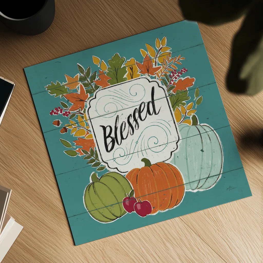 Thankful III Turquoise Leaves by Janelle Penner. Shown as a detailed flat fine art print, highlighting archival giclee quality. Available as an archival giclee rolled canvas, fine art paper, or poster print. SKU 47587a.