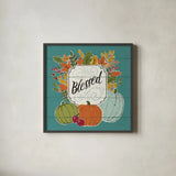 Thankful III Turquoise Leaves by Janelle Penner. Shown in a sleek black glass frame for a contemporary gallery look. Available as an archival giclee rolled canvas, fine art paper, or poster print. SKU 47587a.