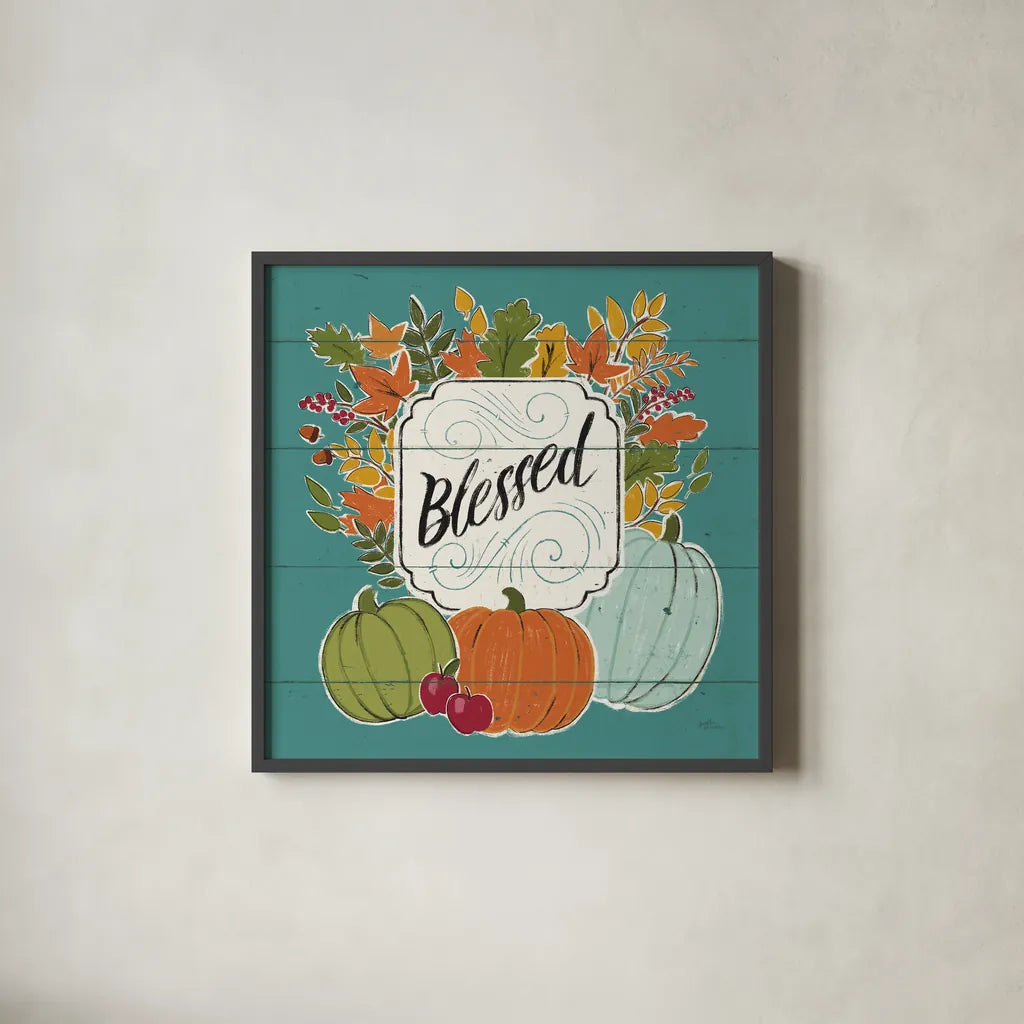 Thankful III Turquoise Leaves by Janelle Penner. Shown in a sleek black glass frame for a contemporary gallery look. Available as an archival giclee rolled canvas, fine art paper, or poster print. SKU 47587a.