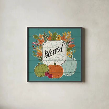 Thankful III Turquoise Leaves by Janelle Penner. Shown in a sleek black glass frame for a contemporary gallery look. Available as an archival giclee rolled canvas, fine art paper, or poster print. SKU 47587a.