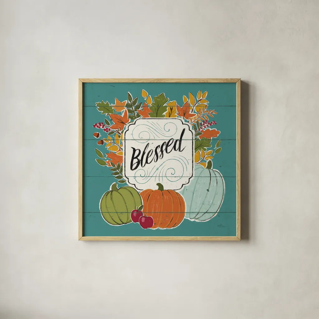 Thankful III Turquoise Leaves by Janelle Penner. Shown in a natural wood glass frame for a timeless modern aesthetic. Available as an archival giclee rolled canvas, fine art paper, or poster print. SKU 47587a.