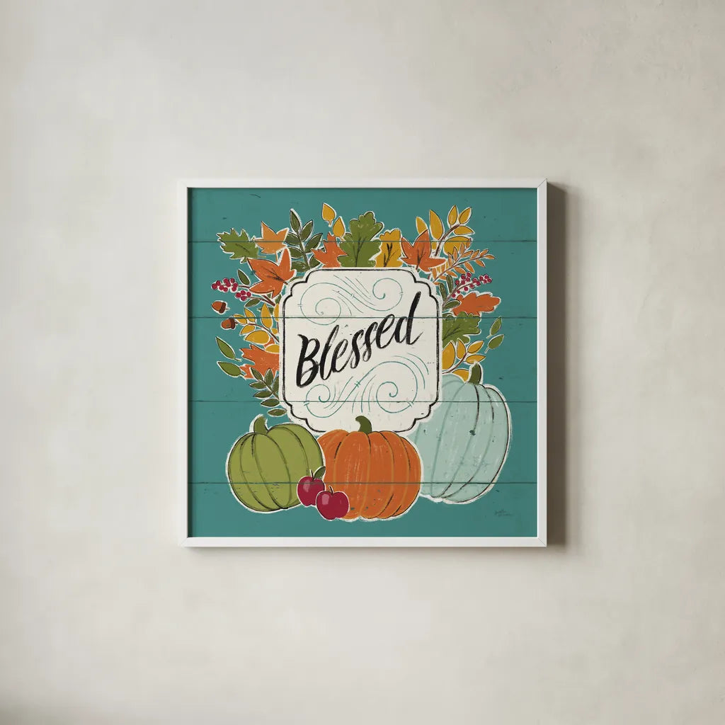 Thankful III Turquoise Leaves by Janelle Penner. Shown in a crisp white glass frame for a clean and minimalist style. Available as an archival giclee rolled canvas, fine art paper, or poster print. SKU 47587a.