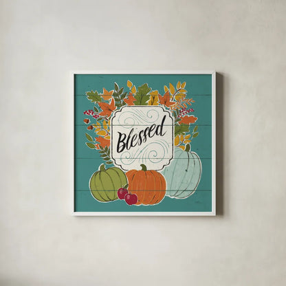 Thankful III Turquoise Leaves by Janelle Penner. Shown in a crisp white glass frame for a clean and minimalist style. Available as an archival giclee rolled canvas, fine art paper, or poster print. SKU 47587a.