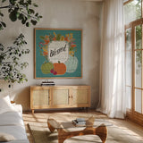 Thankful III Turquoise Leaves by Janelle Penner. Shown in a natural wood frame in a cozy modern living room. Available as an archival giclee rolled canvas, fine art paper, or poster print. SKU 47587a.
