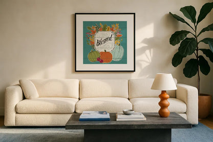 Thankful III Turquoise Leaves by Janelle Penner. Displayed in a glass frame with matte in a clean modern living room. Available as an archival giclee rolled canvas, fine art paper, or poster print. SKU 47587a.