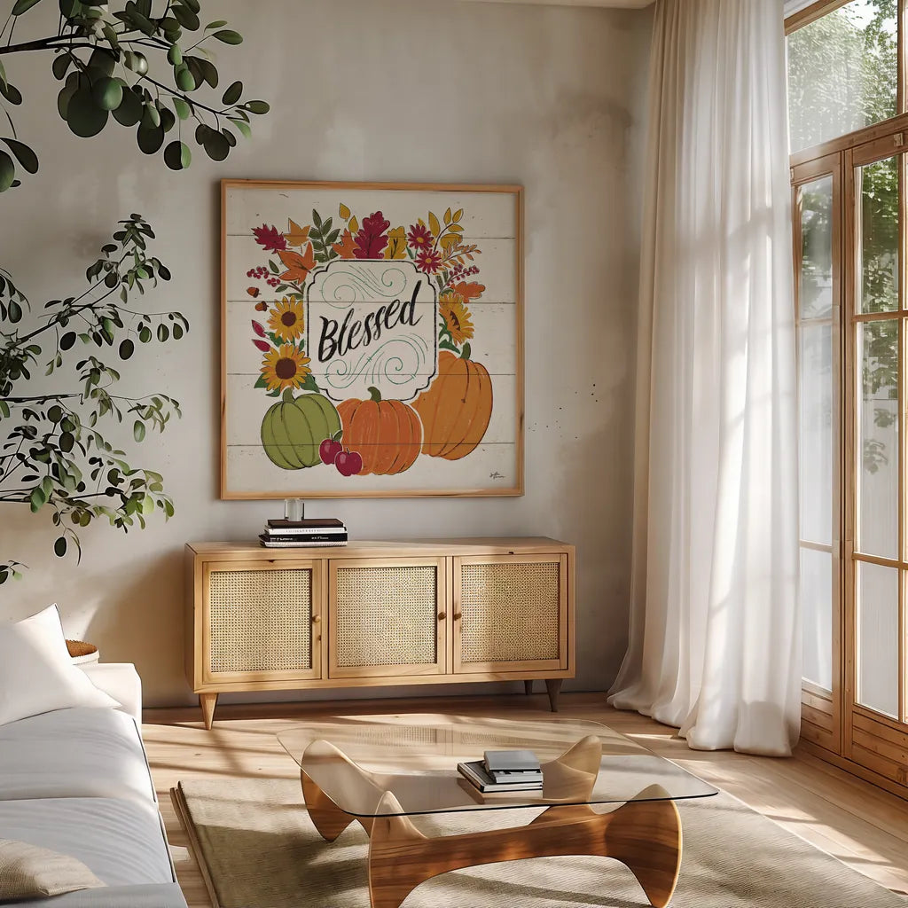 Thankful III White by Janelle Penner. Shown in a natural wood frame in a cozy modern living room. Available as an archival giclee rolled canvas, fine art paper, or poster print. SKU 43110a.