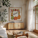 Thankful III White by Janelle Penner. Shown in a natural wood frame in a cozy modern living room. Available as an archival giclee rolled canvas, fine art paper, or poster print. SKU 43110a.