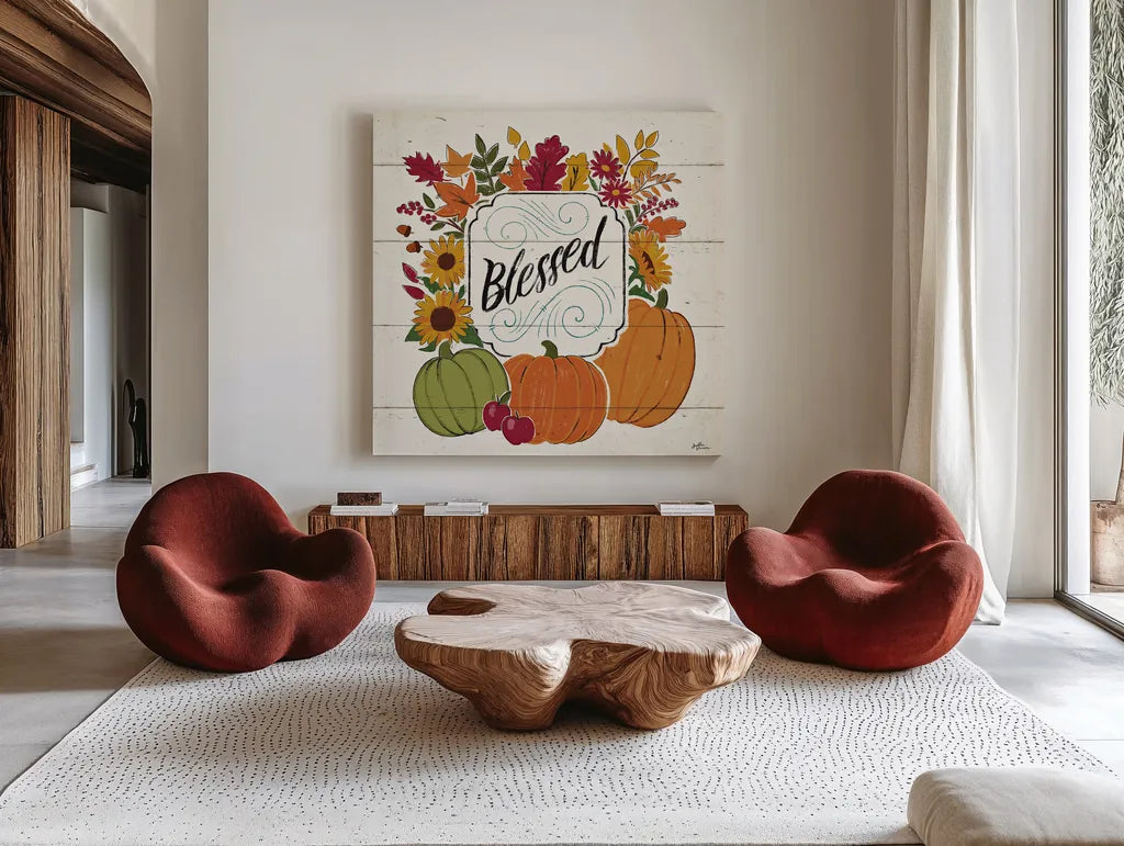 Thankful III White by Janelle Penner. Shown as extra-large giant wall art in a modern living room. Available as an archival giclee rolled canvas, fine art paper, or poster print. SKU 43110a.