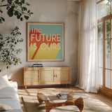 The Future is Ours I Sq by Janelle Penner. Shown in a natural wood frame in a cozy modern living room. Available as an archival giclee rolled canvas, fine art paper, or poster print. SKU 80651a.