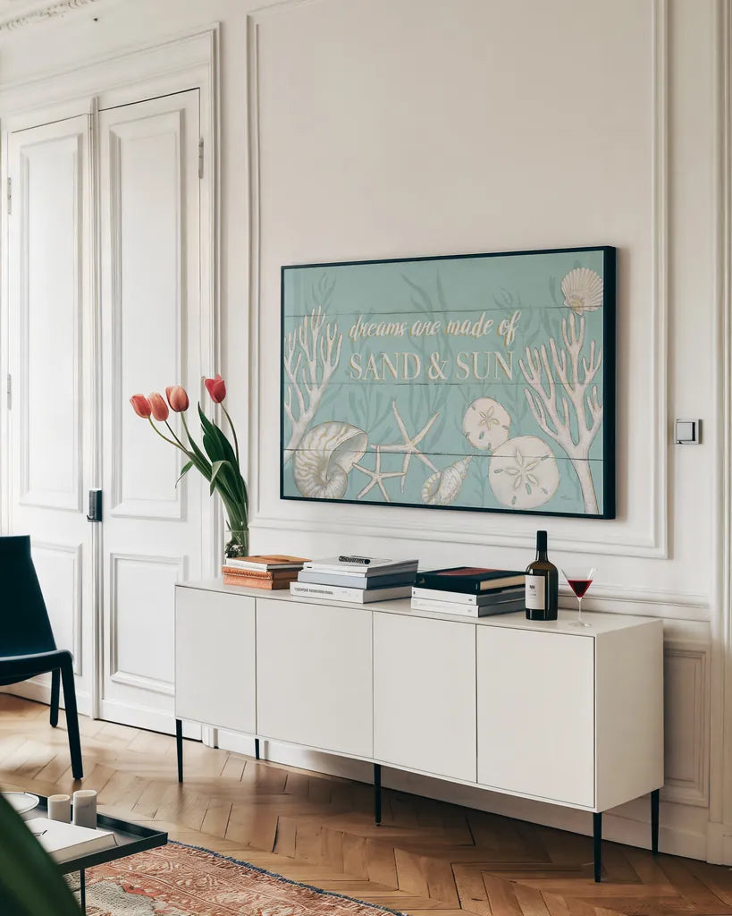 Tranquil Morning I by Janelle Penner. shown as a framed stretched canvas in a living room above a console. Available as a archival giclee rolled canvas, fine art paper, or poster print. SKU 35002i.