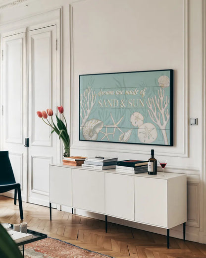 Tranquil Morning I by Janelle Penner. shown as a framed stretched canvas in a living room above a console. Available as a archival giclee rolled canvas, fine art paper, or poster print. SKU 35002i.