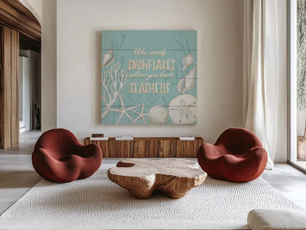 Tranquil Morning II Snowflakes by Janelle Penner. Shown as extra-large giant wall art in a modern living room. Available as an archival giclee rolled canvas, fine art paper, or poster print. SKU 44927a.