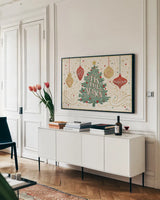 Trimming the Tree I Green Tree by Janelle Penner. shown as a framed stretched canvas in a living room above a console. Available as a archival giclee rolled canvas, fine art paper, or poster print. SKU 59644i.